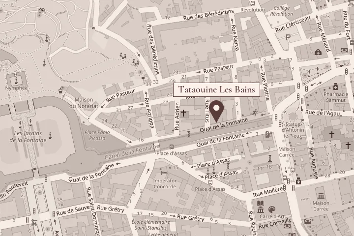 Plan du quartier : le hammam au 8 quai de la Fontaine, entre les Jardins de la Fontaine et la Maison Carrée. Ouvrir dans Google Maps