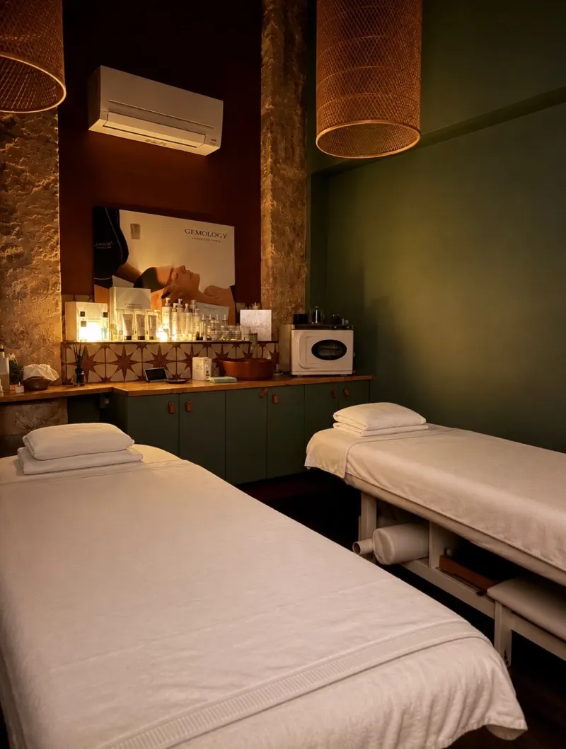 The massage room for two, in soft light