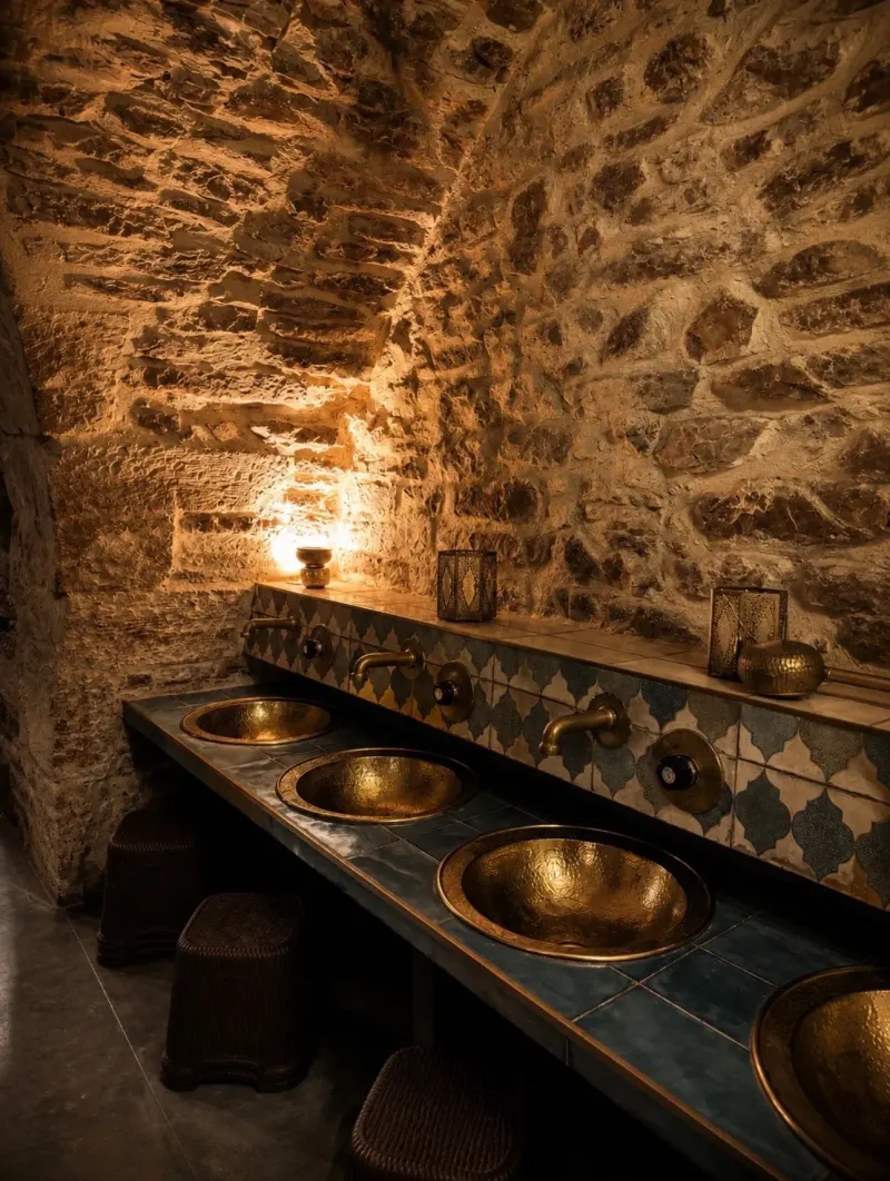 Hammered brass basins under the stone vault