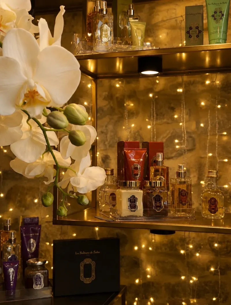 A white orchid and La Sultane de Saba care products