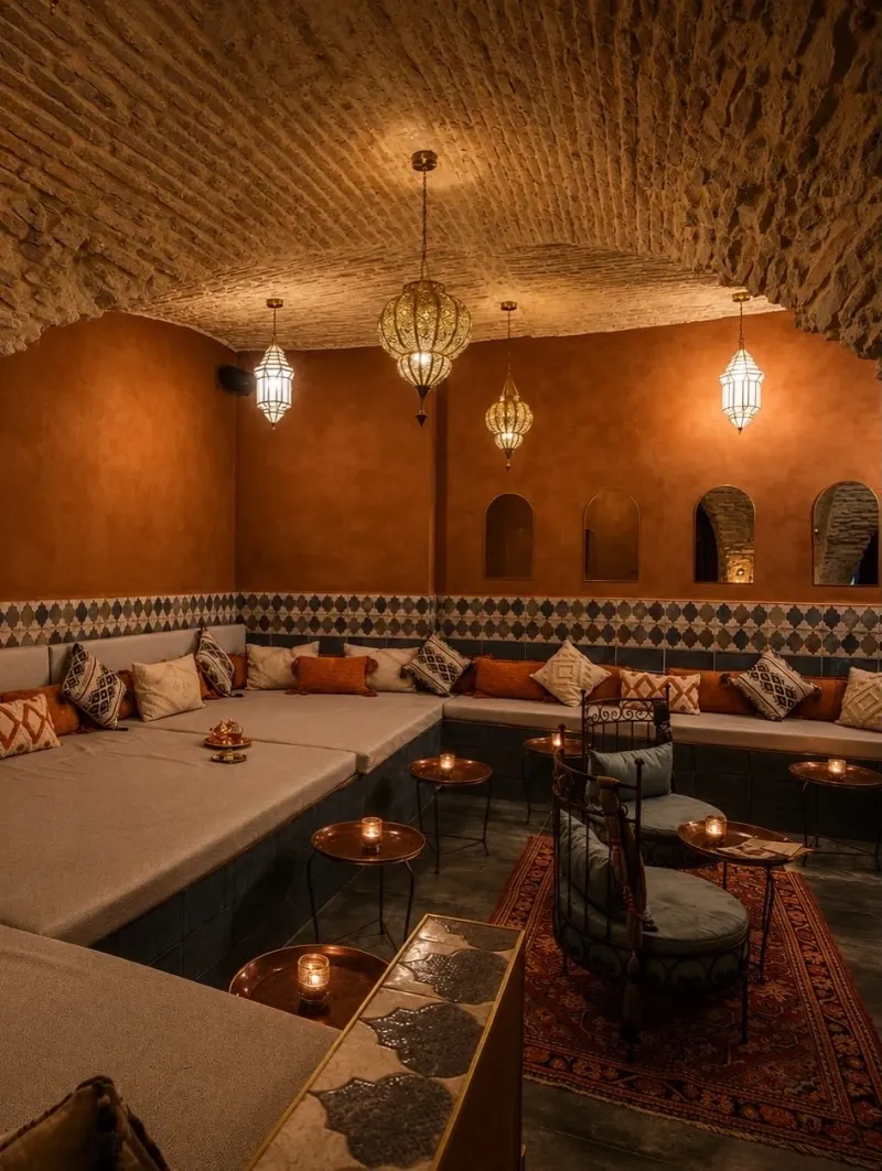 The vaulted lounge, its benches and its lanterns