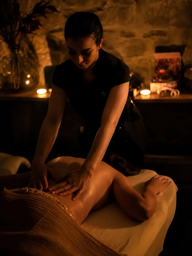 A masseuse performing a back massage on a client lying down in a warm, dimly lit spa setting.